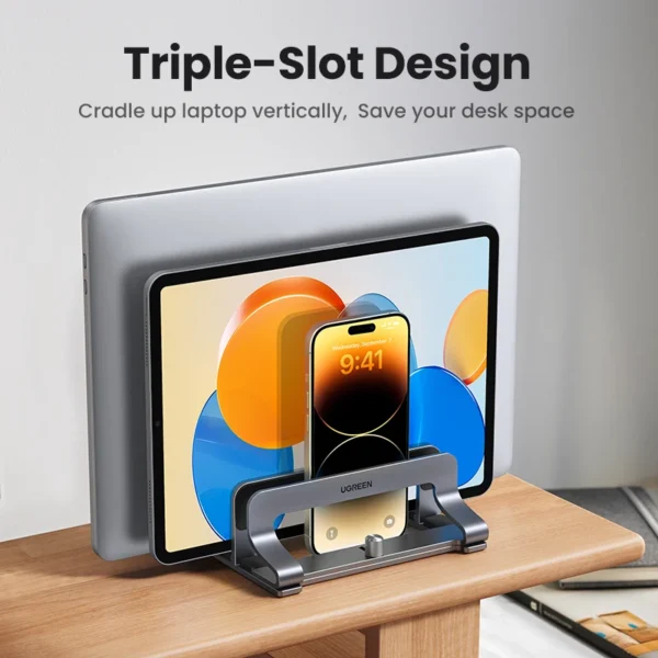 UGREEN Supporto Verticale per Laptop con 3 Slot – Supporto in Alluminio per MacBook Air, MacBook Pro, Tablet, iPad e Smartphone – Design Salvaspazio, Compatibile fino a 17,3” - immagine 2