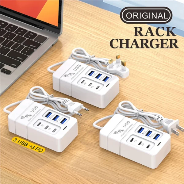 Caricatore Rapido 35W a 6 Porte - 3 USB e 3 Type-C, Caricatore da Scrivania Multifunzionale per Casa, Ufficio, Scuola e Viaggi - immagine 2