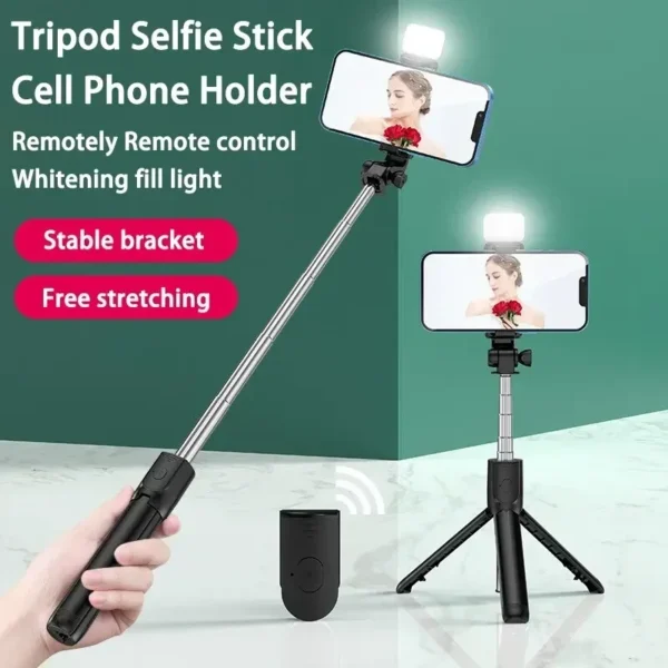Bluetooth Remote Extendable Phone Tripod - Wireless Selfie Stick Tripod Stand per iPhone 15, Samsung, TikTok Live Streaming, Supporto Regolabile con Telecomando Bluetooth - immagine 2