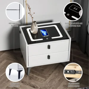 Oyajia Comodino Smart con Ricarica Wireless – Tavolino da Notte con LED, 2 Cassetti, USB, Bluetooth e Luce Ambiente – Comodino Moderno per Camera da Letto o Salotto