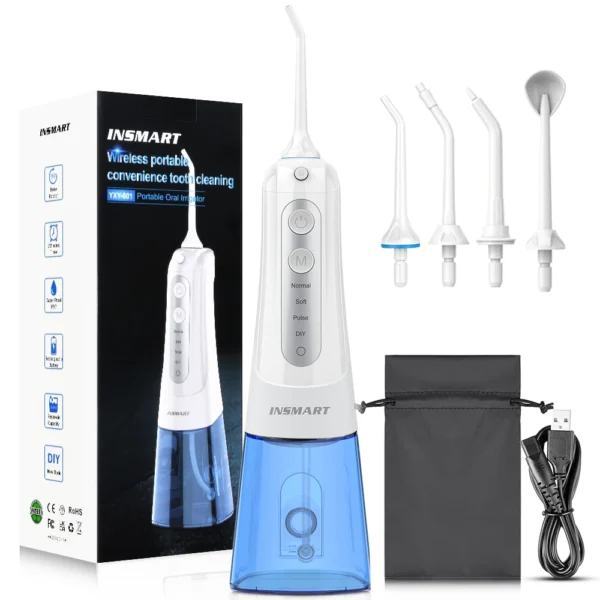 INSMART Irrigatore Orale Portatile 300ml – Flossing a Getto d’Acqua Ricaricabile USB con 4 Ugelli Intercambiabili – Pulizia Profonda dei Denti e Sbiancamento – Impermeabile IPX7 per Casa e Viaggio - immagine 10