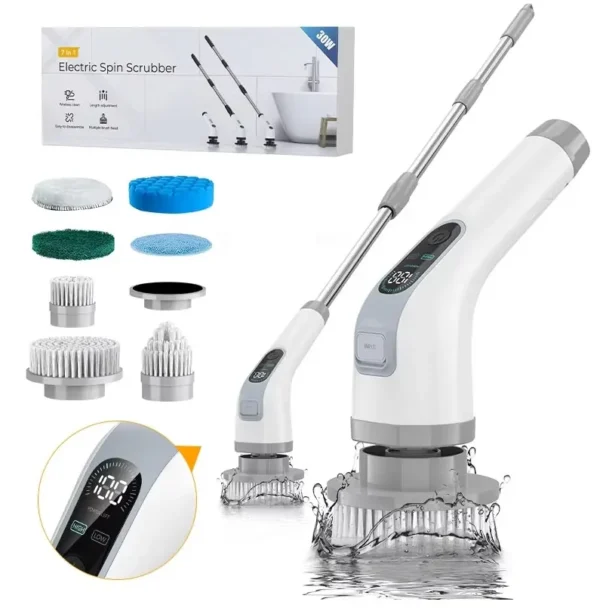 Spazzola Elettrica Senza Fili, Spazzola Manuale per Pulizia Doccia, 7 Teste Intercambiabili, Spazzola Rotante Multifunzionale per Bagno e Cucina - immagine 7