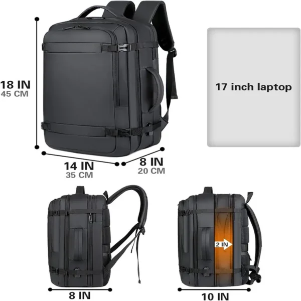 Zaino da Viaggio USB Espandibile da 40L - Borsa da Mano Approvata per Voli - Resistente all’Acqua e Durabile, Compatibile con Laptop fino a 17 Pollici, Zaino da Viaggio con Caricatore USB per Aereo - immagine 6