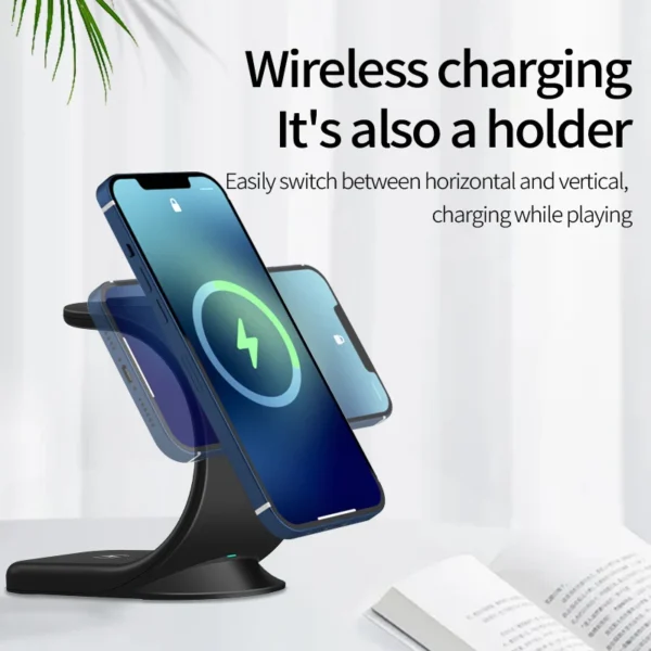 Caricatore Wireless Magnetico 3 in 1 – Stazione di Ricarica Rapida 15W – Supporto Magnetico da Tavolo per iPhone con Funzione Bracket